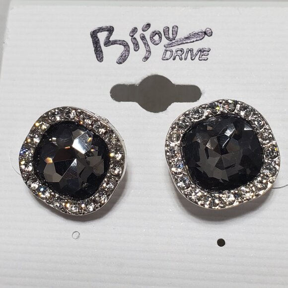 2 PRS of Bijou black gemstone and silver rhinestone earrings 1/2"  diameter - Picture 2 of 4
